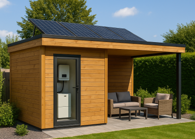 tuinhuis met zonnepanelen en batterijen